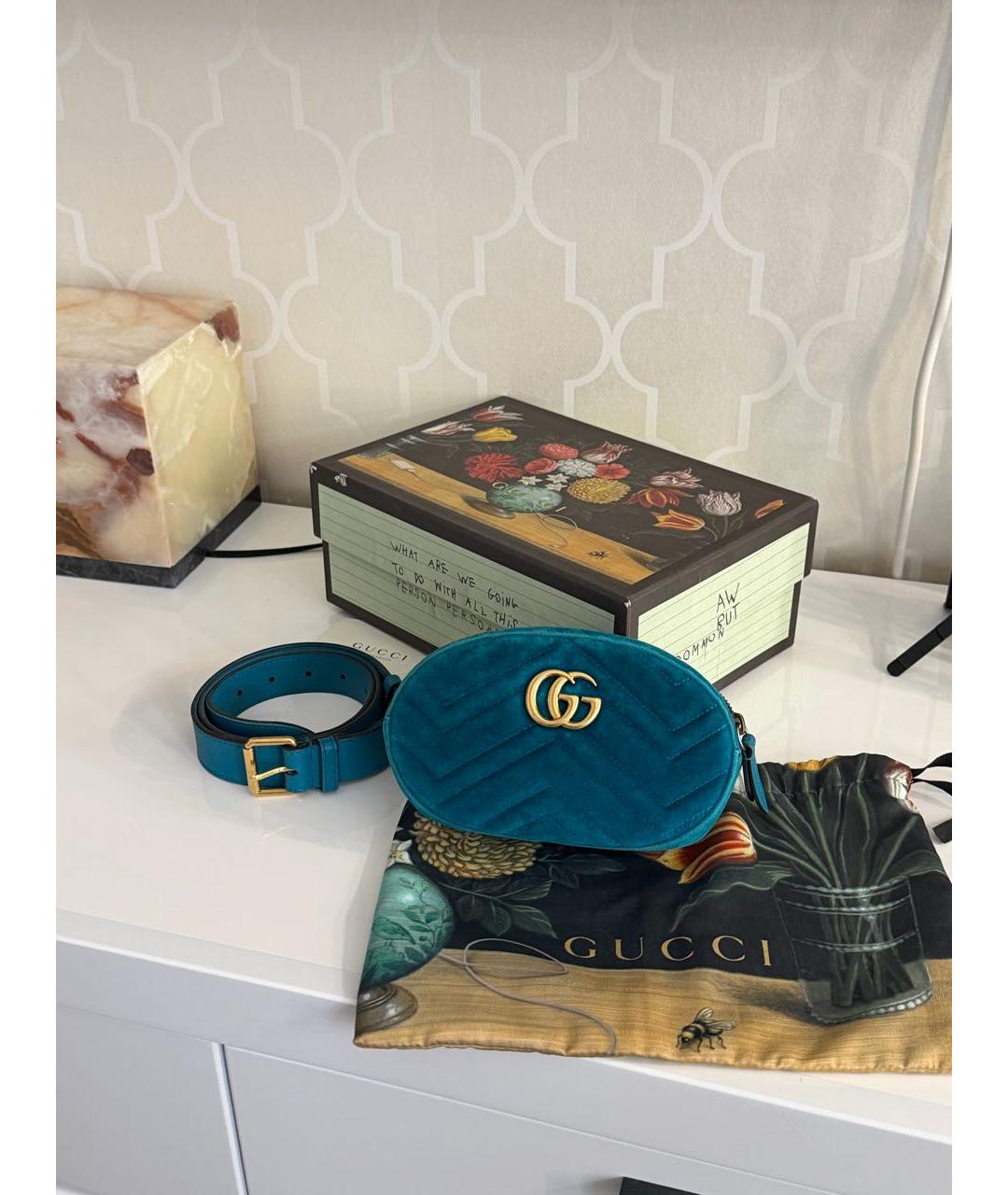 GUCCI Бирюзовая бархатная поясная сумка, фото 7
