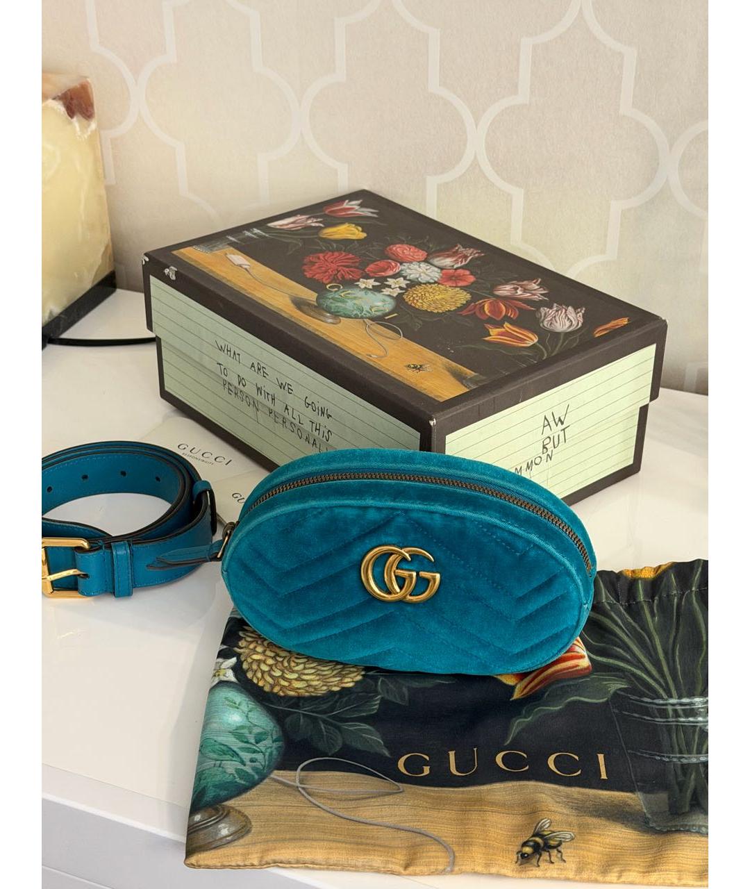 GUCCI Бирюзовая бархатная поясная сумка, фото 5