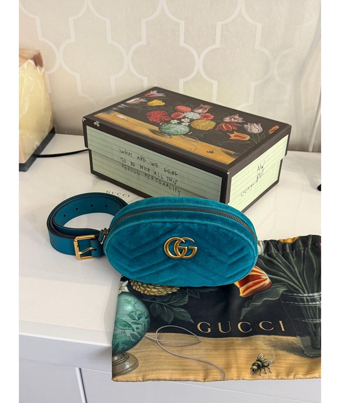 GUCCI Бирюзовая бархатная поясная сумка, фото 2
