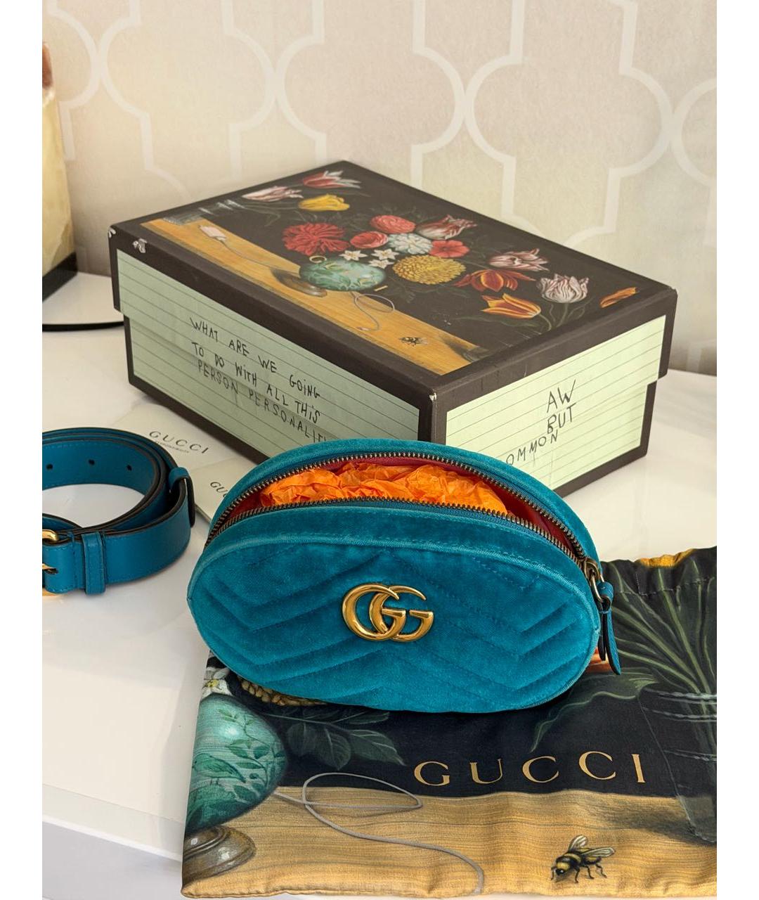 GUCCI Бирюзовая бархатная поясная сумка, фото 4