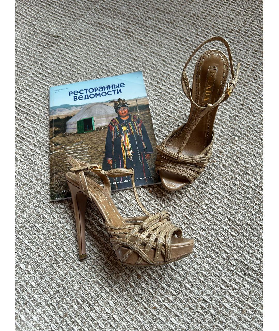 PRADA Бежевые кожаные босоножки, фото 3