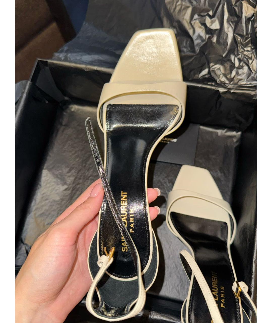 SAINT LAURENT Бежевые кожаные босоножки, фото 7