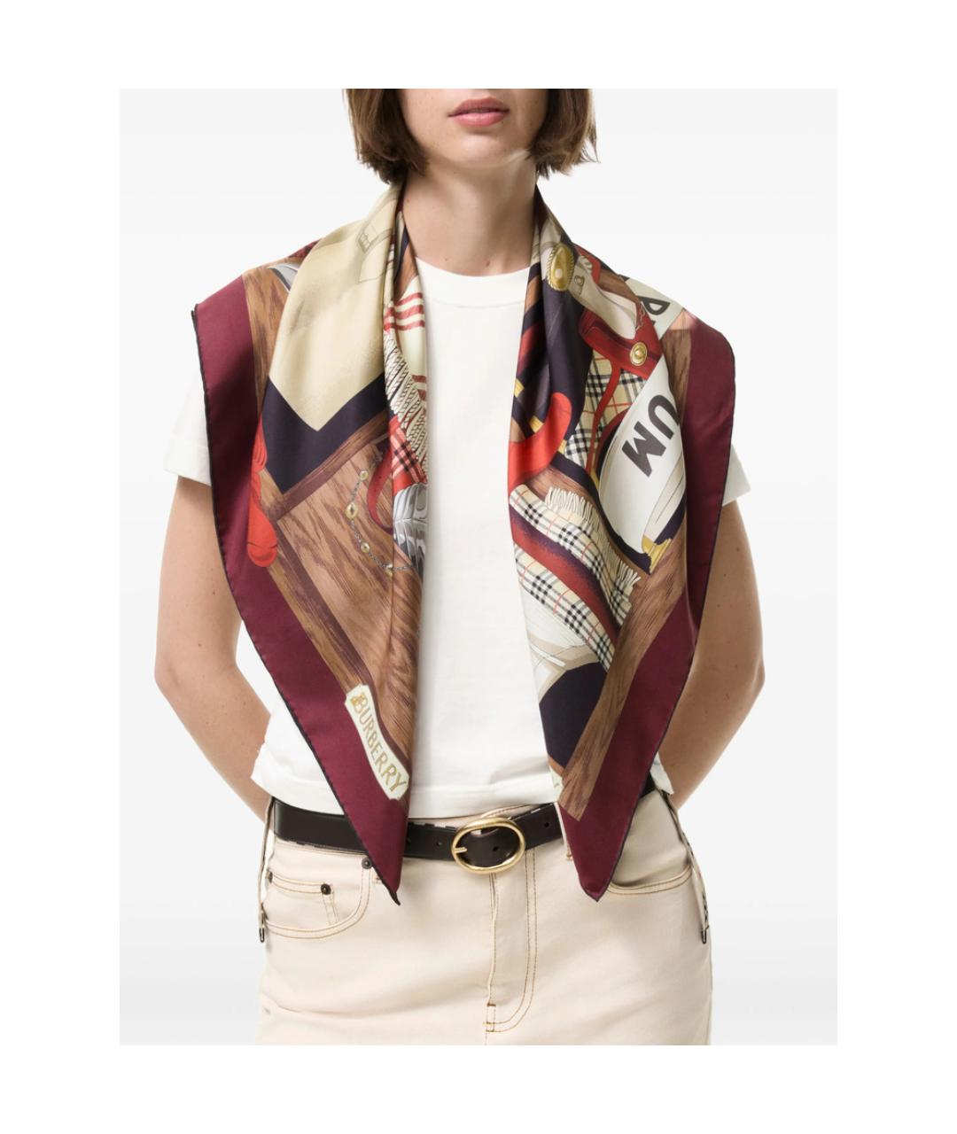 BURBERRY Красный шелковый шарф, фото 2