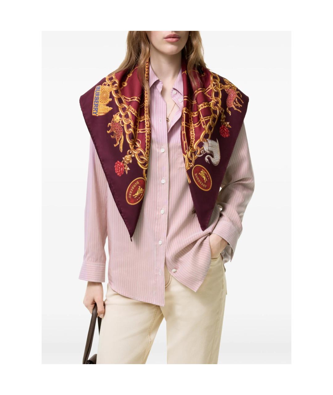 BURBERRY Красный шелковый шарф, фото 3