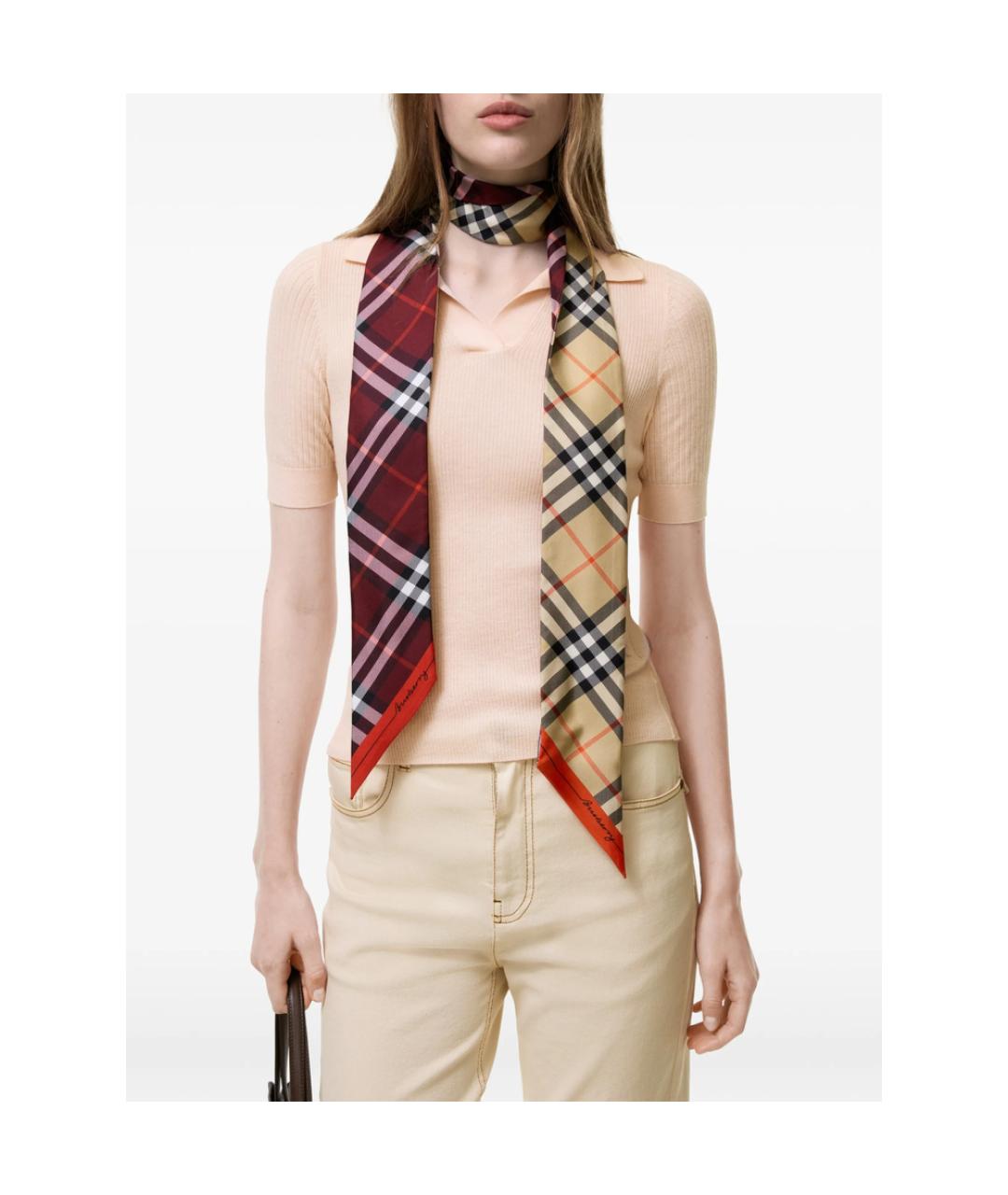 BURBERRY Красный шелковый шарф, фото 3