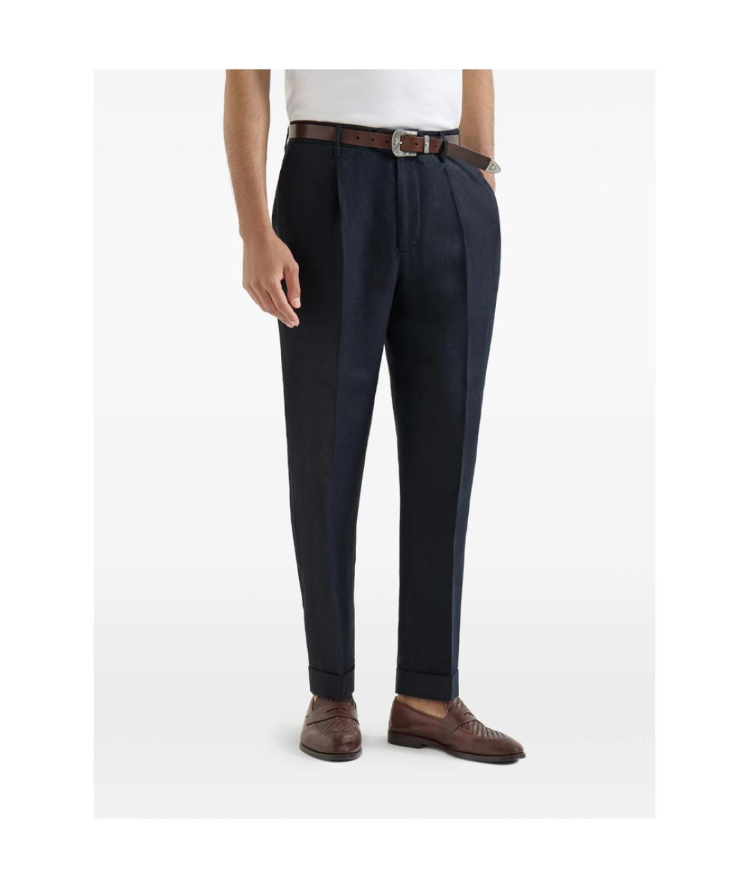 BRUNELLO CUCINELLI Синие льняные классические брюки, фото 4