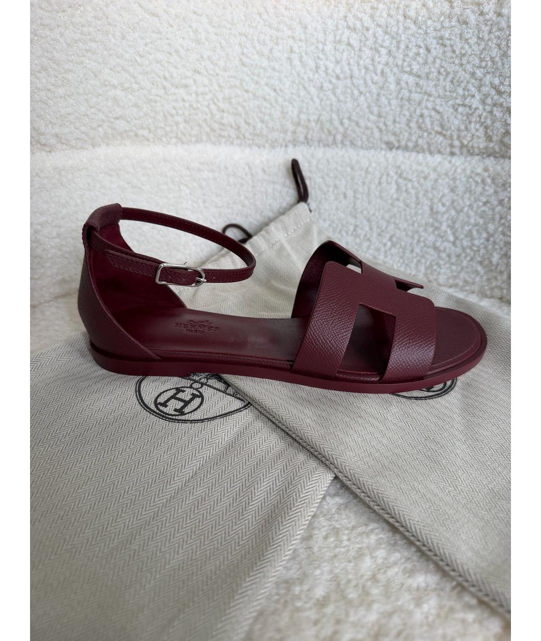 HERMES Бордовые кожаные босоножки, фото 6