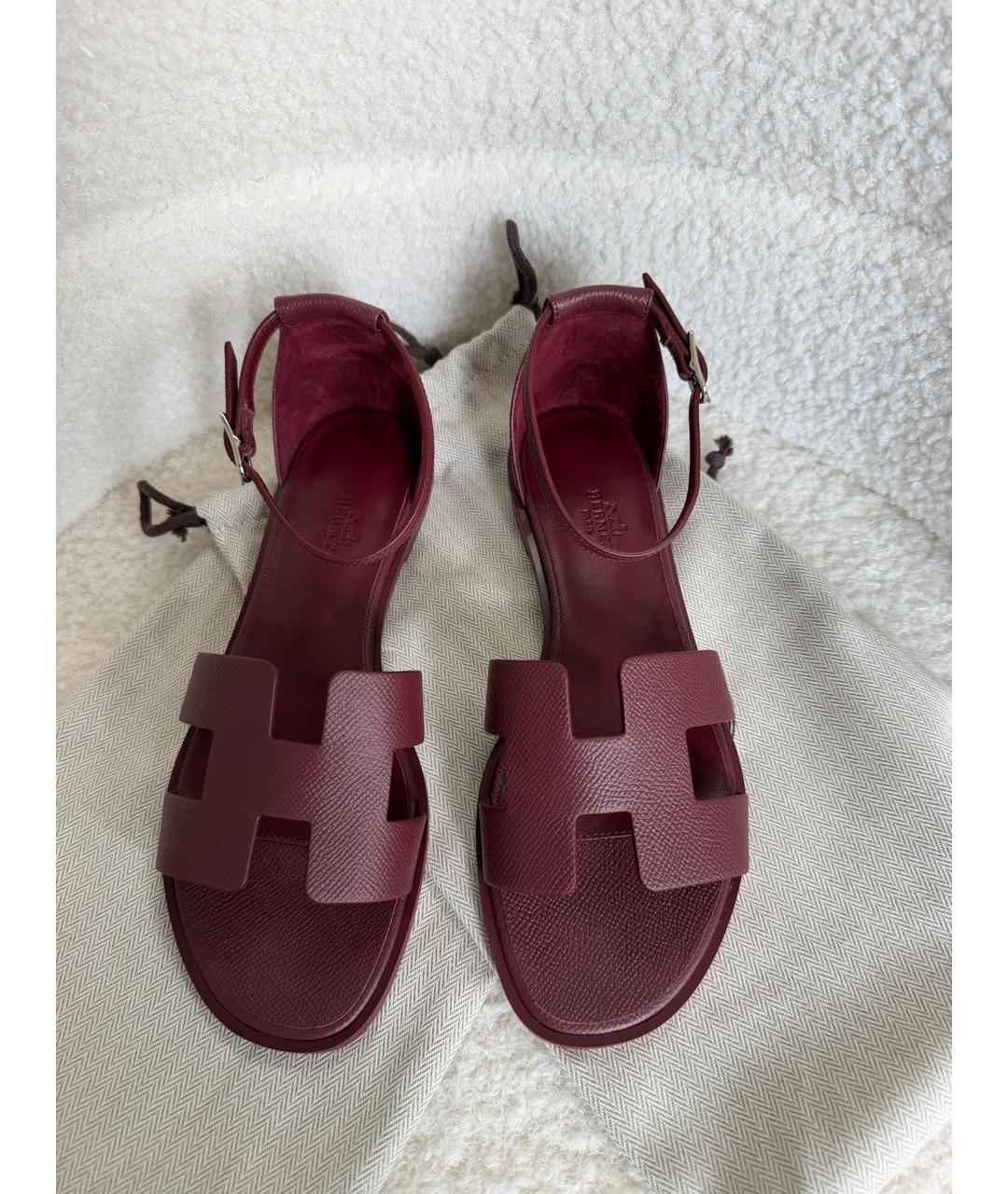 HERMES Бордовые кожаные босоножки, фото 2