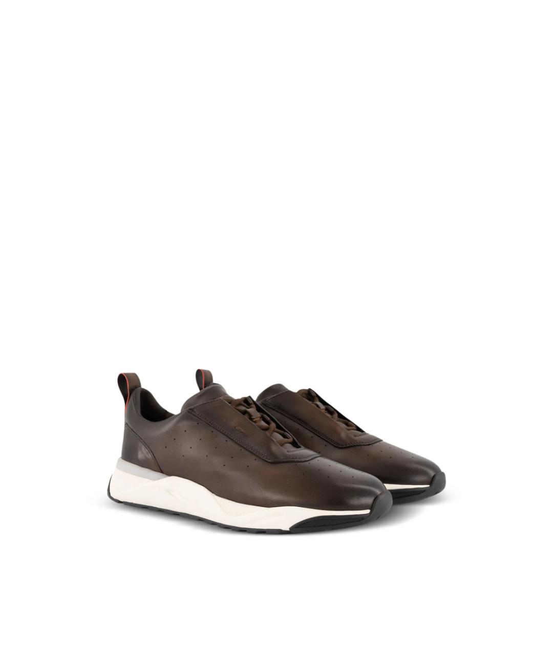 SANTONI Коричневые кожаные низкие кроссовки / кеды, фото 4