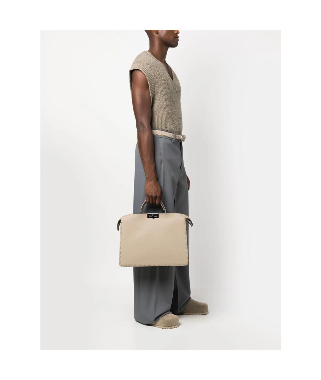 FENDI Бежевый кожаный портфель, фото 4