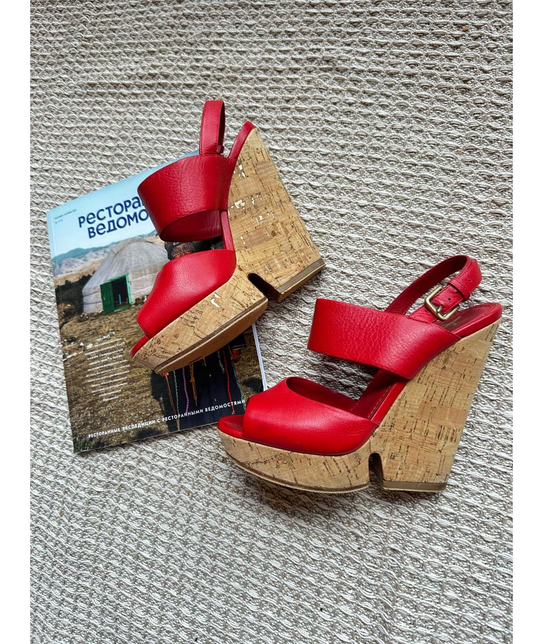 SAINT LAURENT Бордовые кожаные босоножки, фото 8