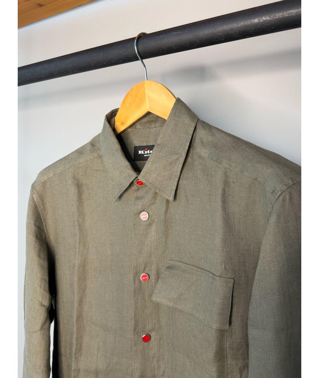 KITON Хаки льняная классическая рубашка, фото 3