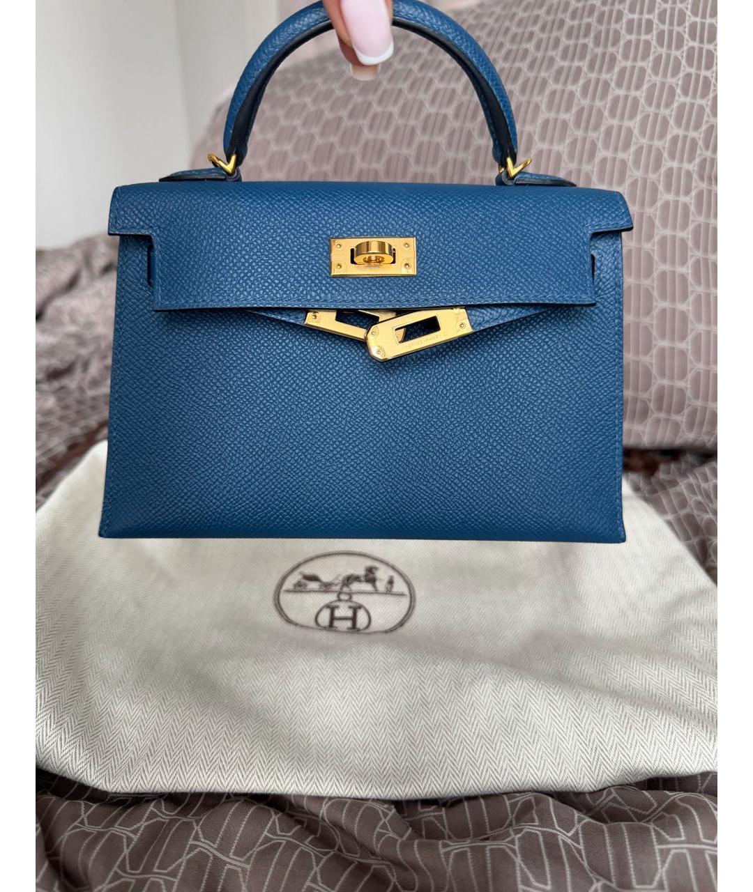 HERMES Темно-синяя кожаная сумка с короткими ручками, фото 8