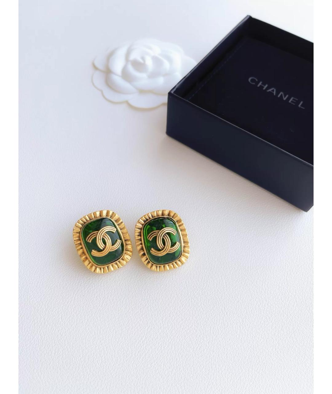 CHANEL Зеленые позолоченные серьги, фото 5