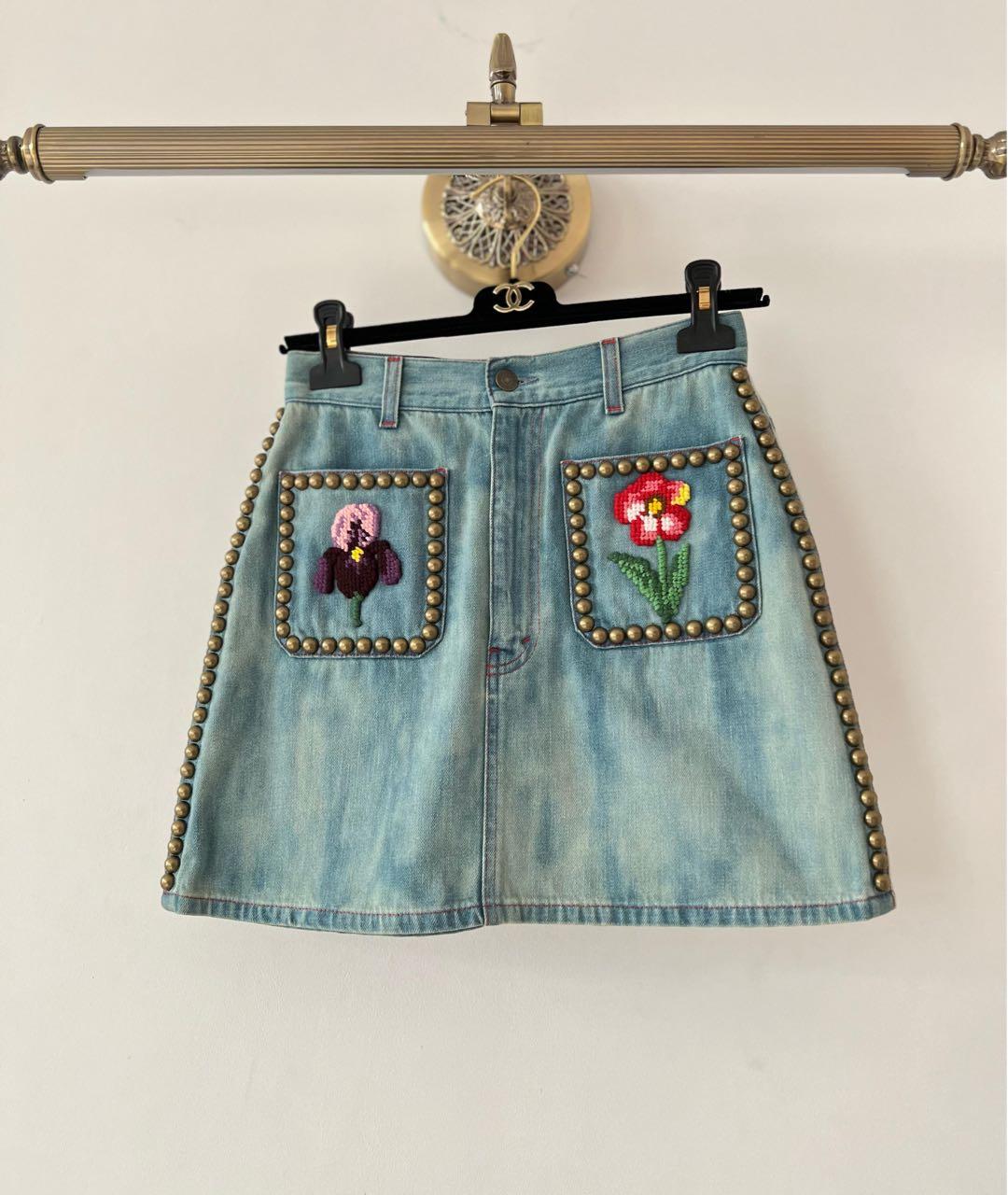 GUCCI Голубая хлопковая юбка мини, фото 9