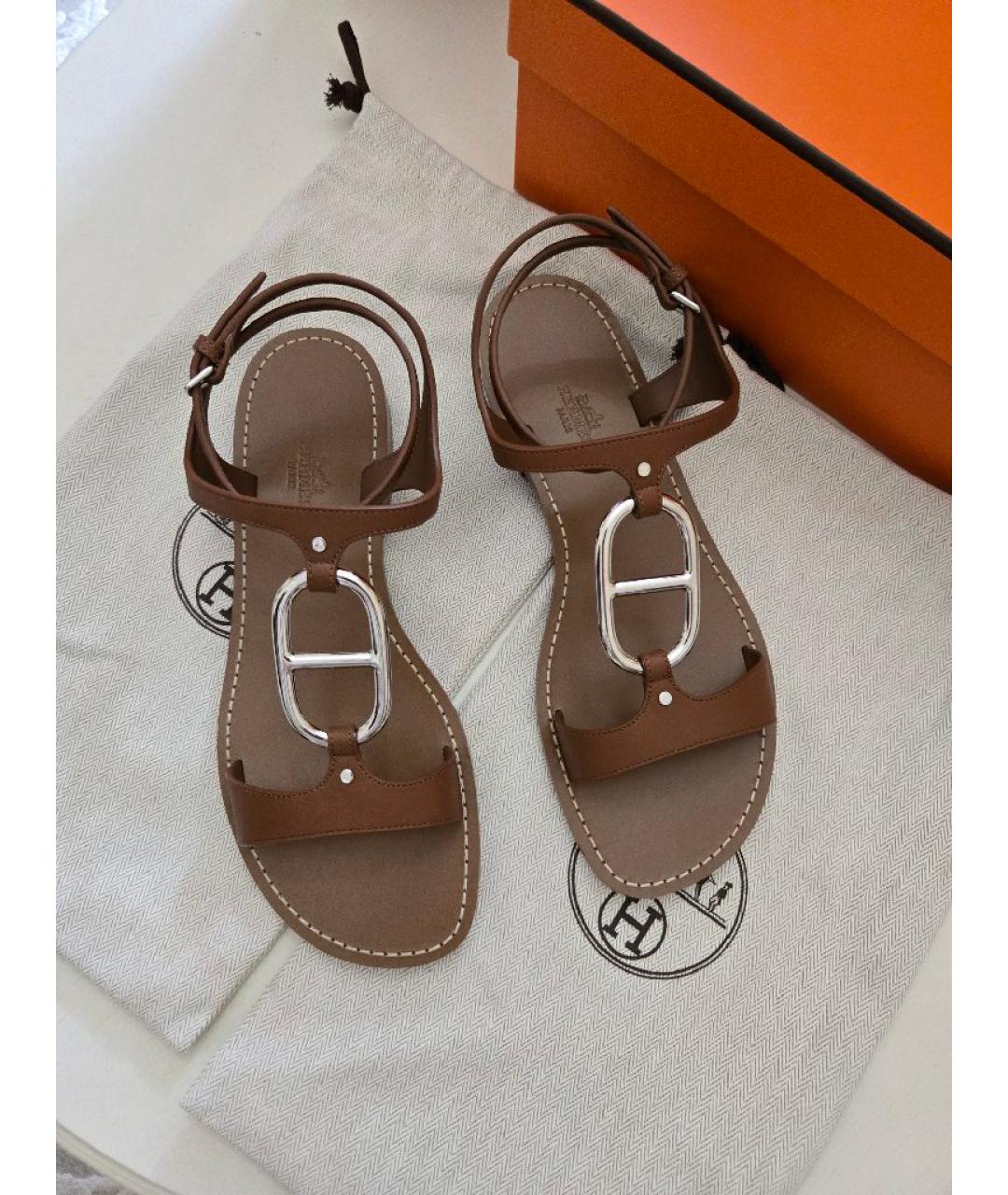 HERMES Коричневые кожаные босоножки, фото 2