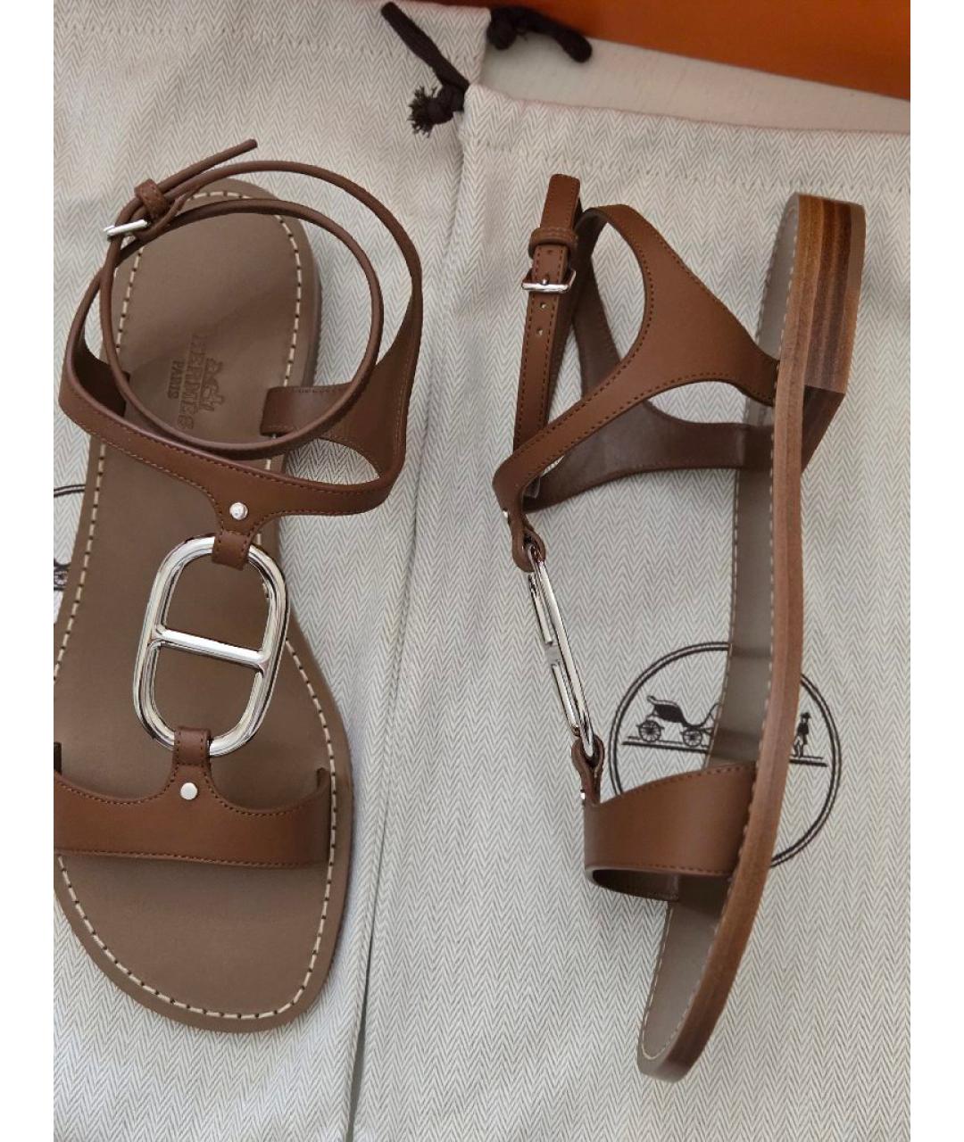 HERMES Коричневые кожаные босоножки, фото 3