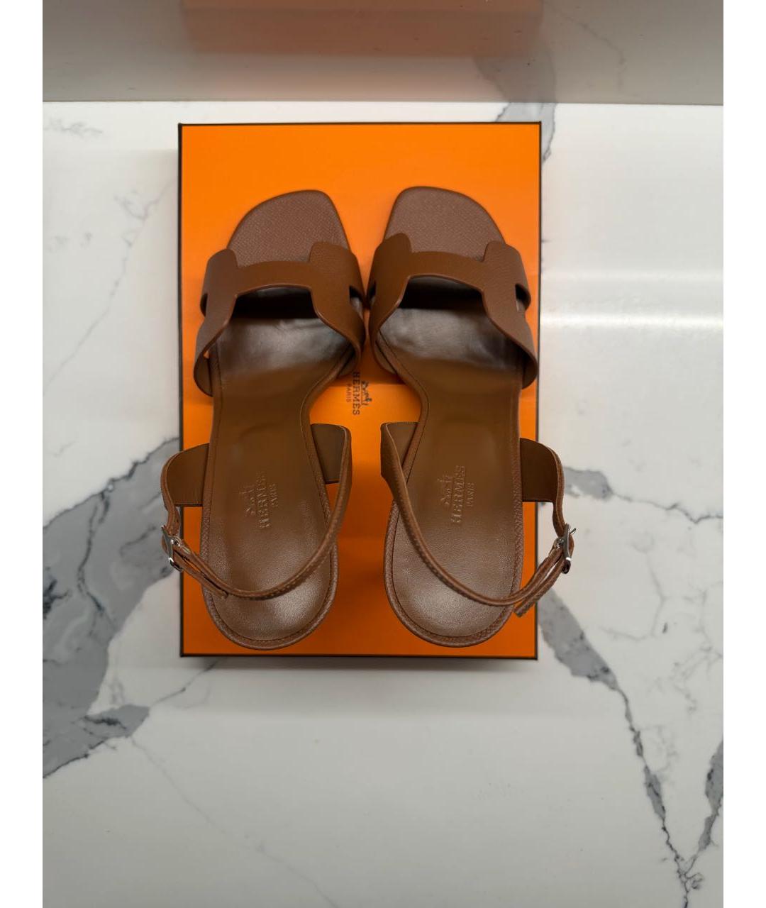 HERMES Коричневые кожаные босоножки, фото 3