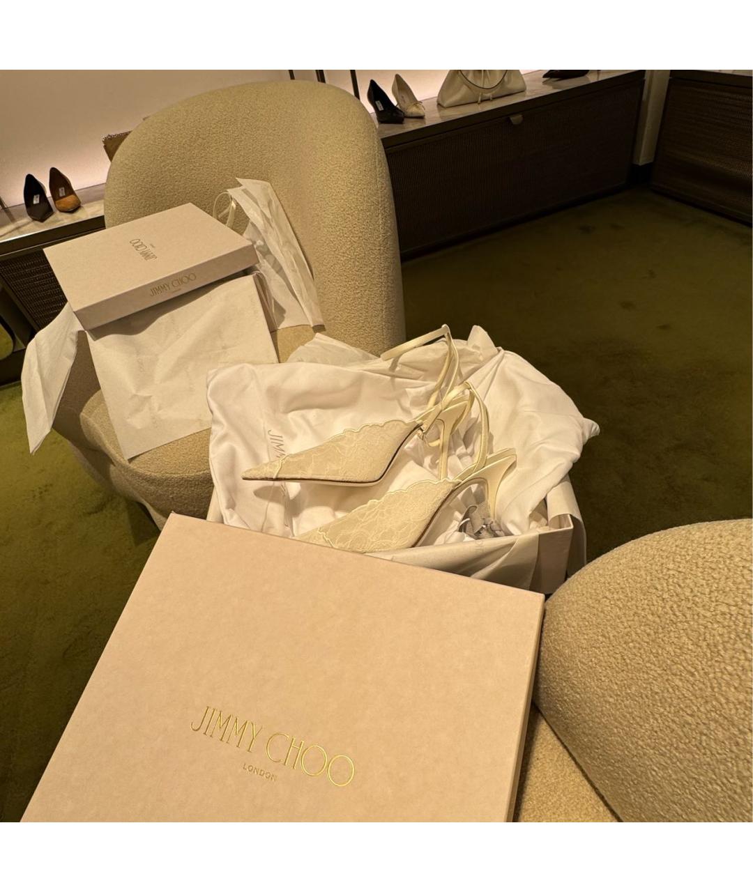 JIMMY CHOO Белые текстильные свадебные туфли на высоком каблуке, фото 7