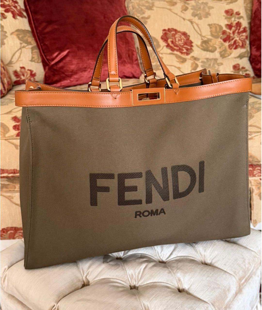 FENDI Хаки кожаная сумка тоут, фото 2