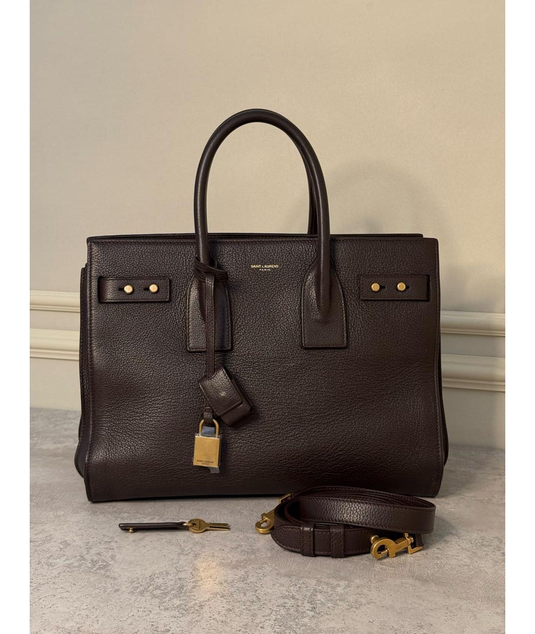 SAINT LAURENT Коричневая кожаная сумка тоут, фото 9