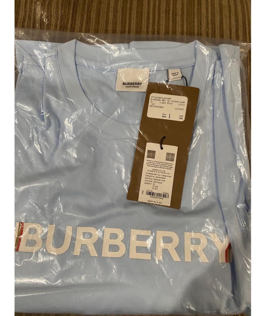 BURBERRY Голубая хлопковая футболка, фото 3