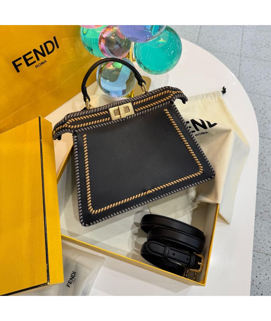 FENDI Темно-синяя кожаная сумка с короткими ручками, фото 7