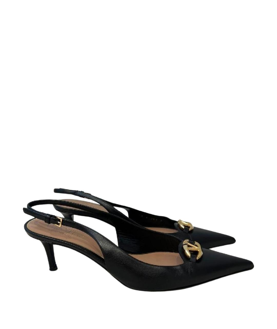 VALENTINO Черные кожаные лодочки на низком каблуке, фото 1