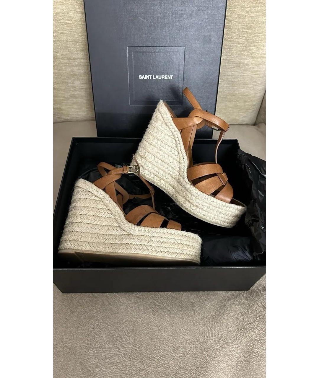 SAINT LAURENT Коричневые кожаные босоножки, фото 7