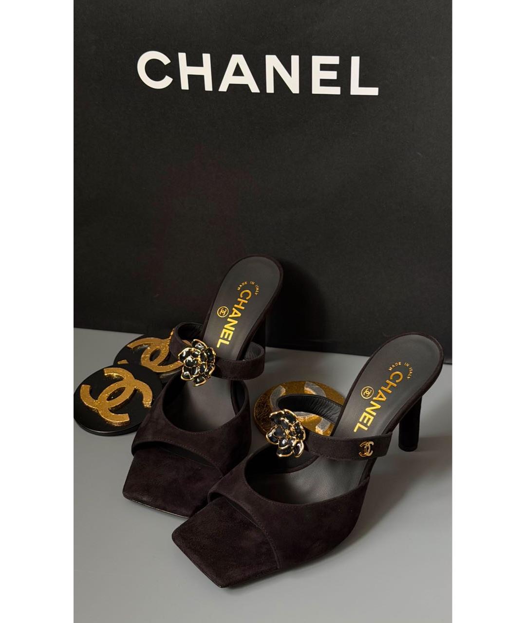 CHANEL Коричневые бархатные мюли, фото 2