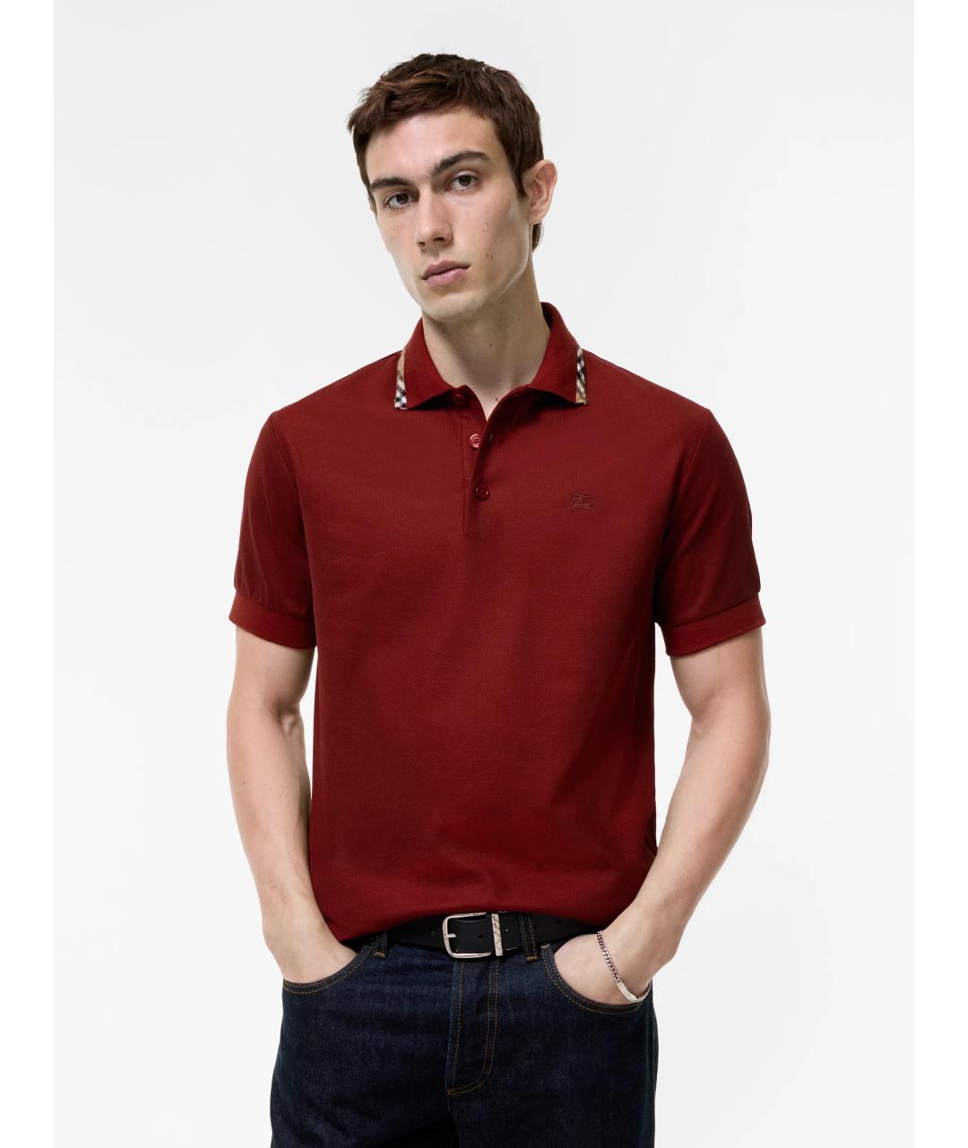 BURBERRY Бордовое хлопковое поло с коротким рукавом, фото 2