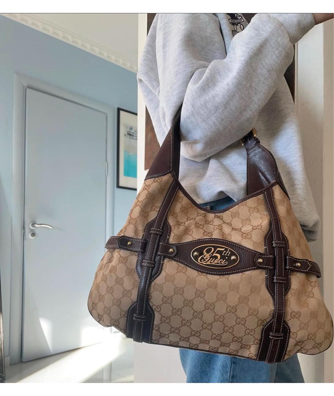 GUCCI Бежевая жаккардовая сумка с короткими ручками, фото 4