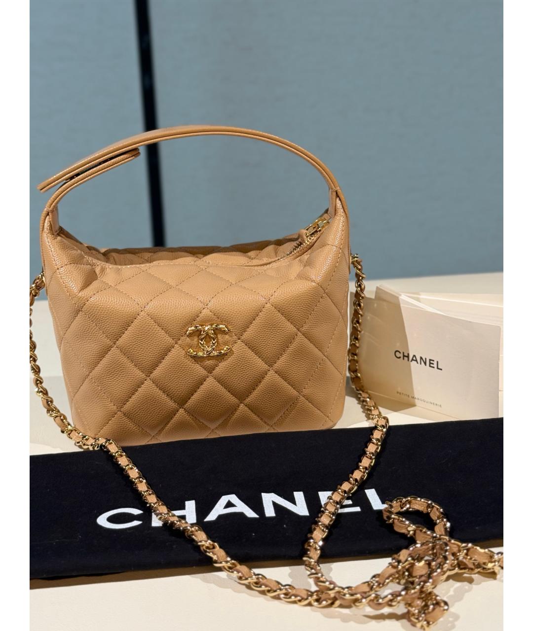 CHANEL Хаки кожаная сумка с короткими ручками, фото 9