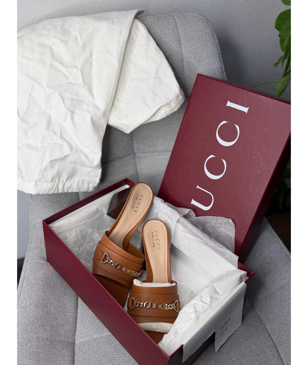 GUCCI Коричневые кожаные мюли, фото 2