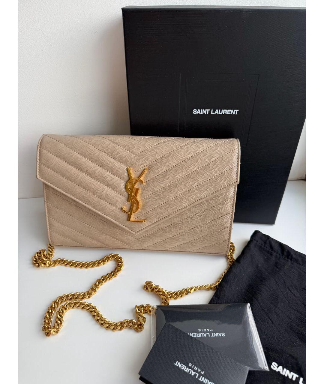 SAINT LAURENT Бежевая кожаная сумка через плечо, фото 5