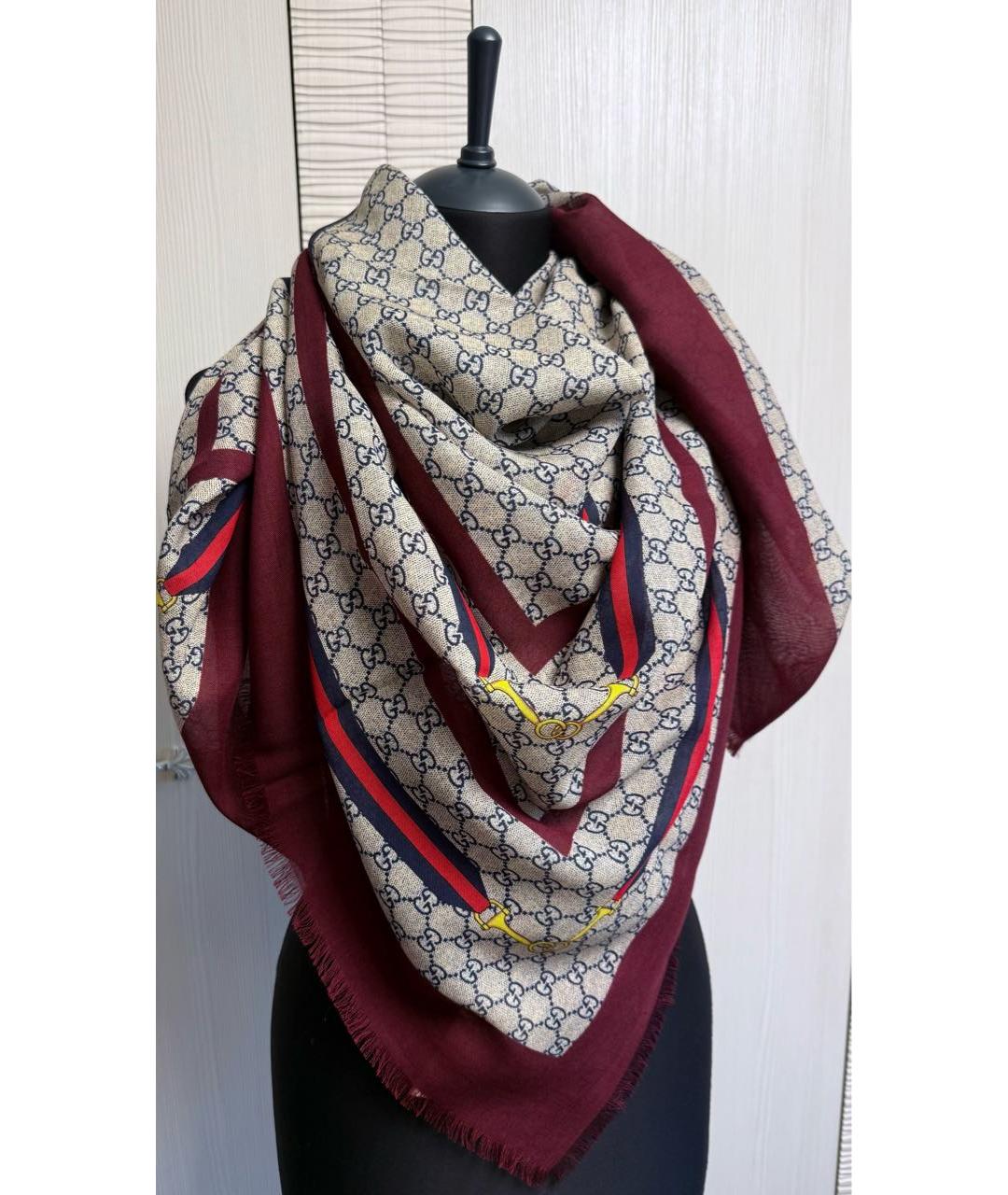GUCCI Бордовый шерстяной платок, фото 2