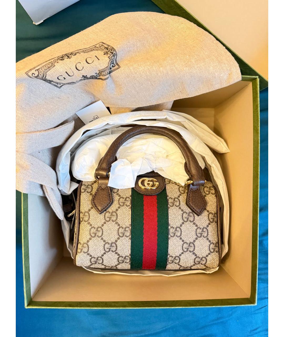 GUCCI Коричневая сумка с короткими ручками из канвы, фото 2