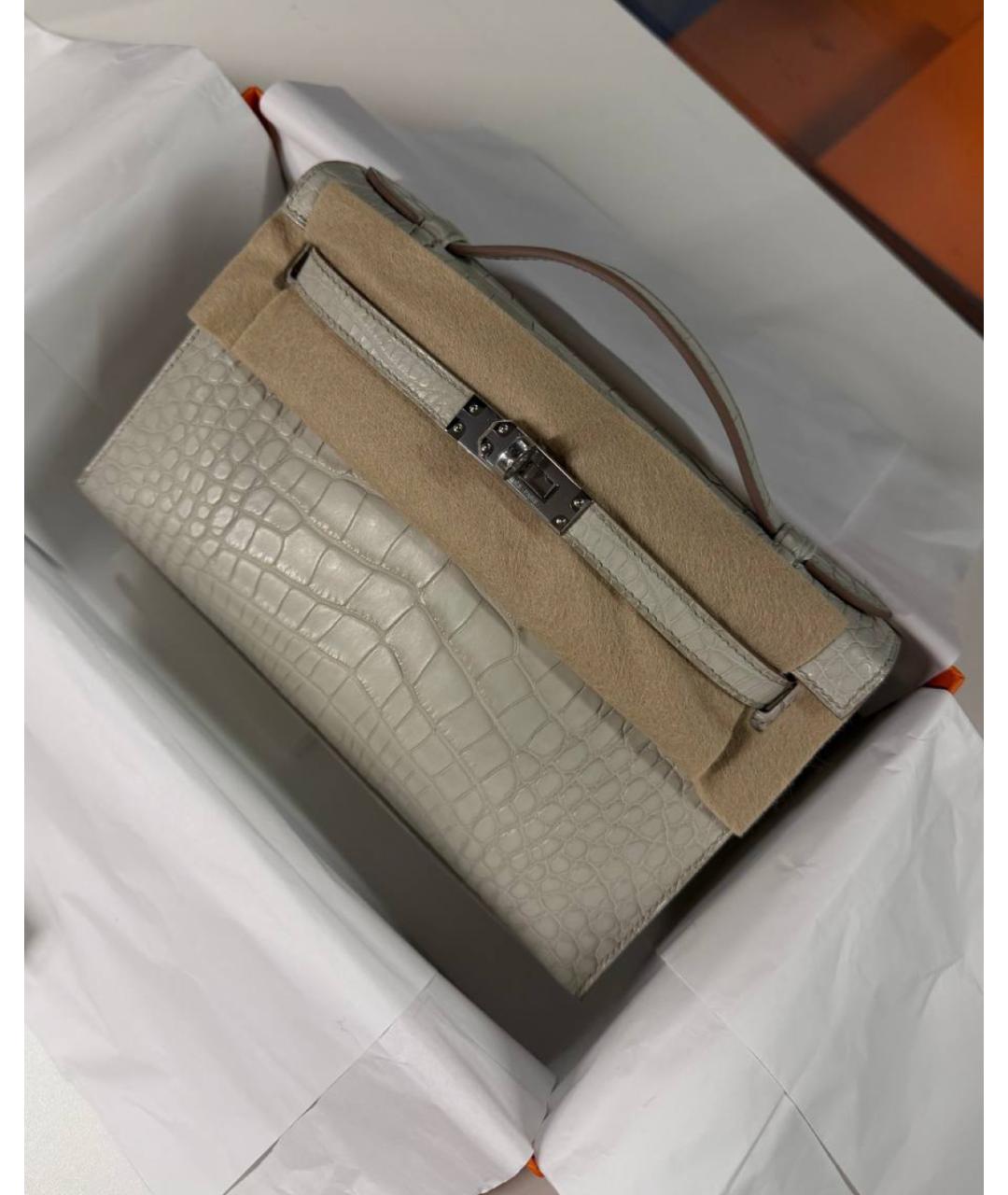 HERMES Серая сумка с короткими ручками из экзотической кожи, фото 4