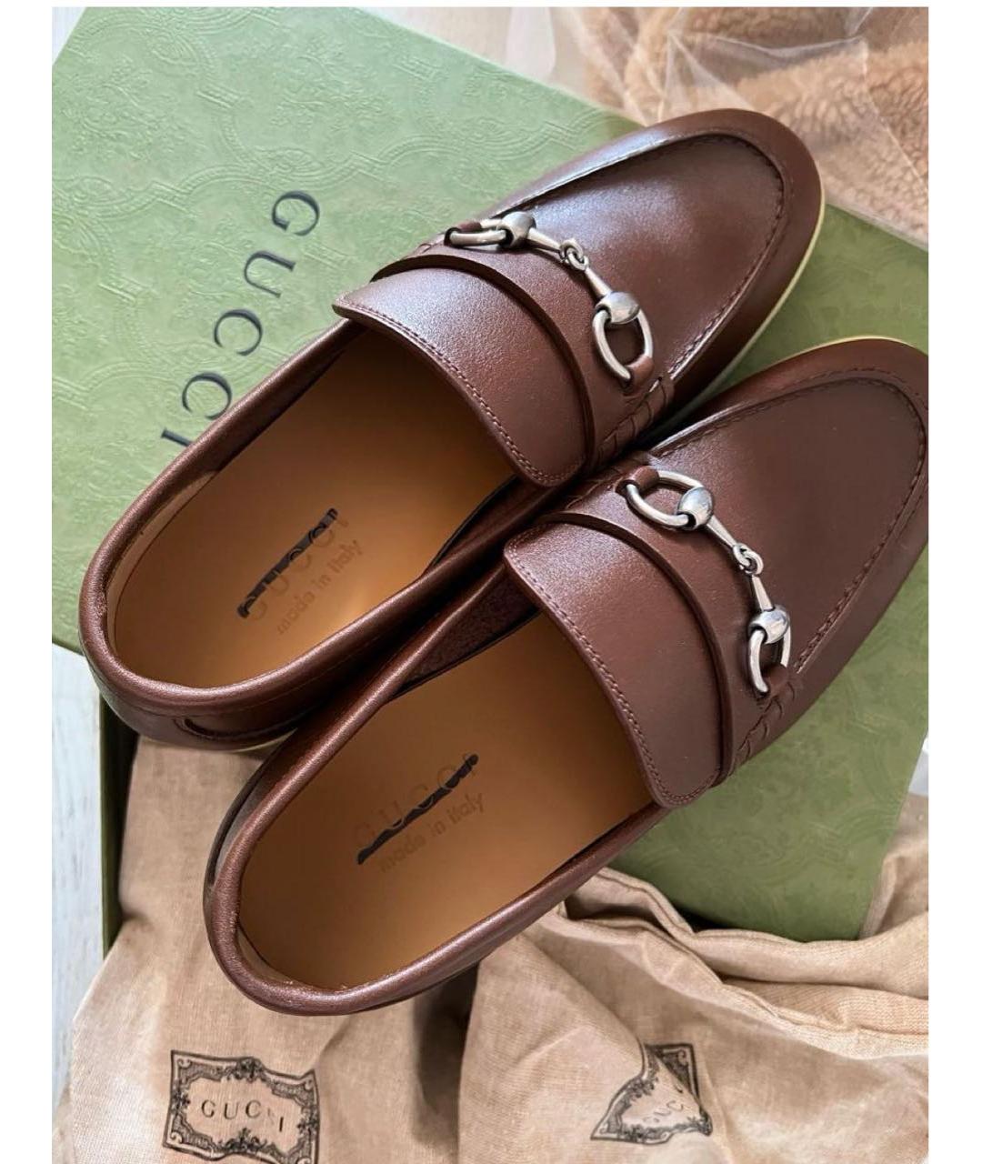 GUCCI Коричневые кожаные лодочки на низком каблуке, фото 2