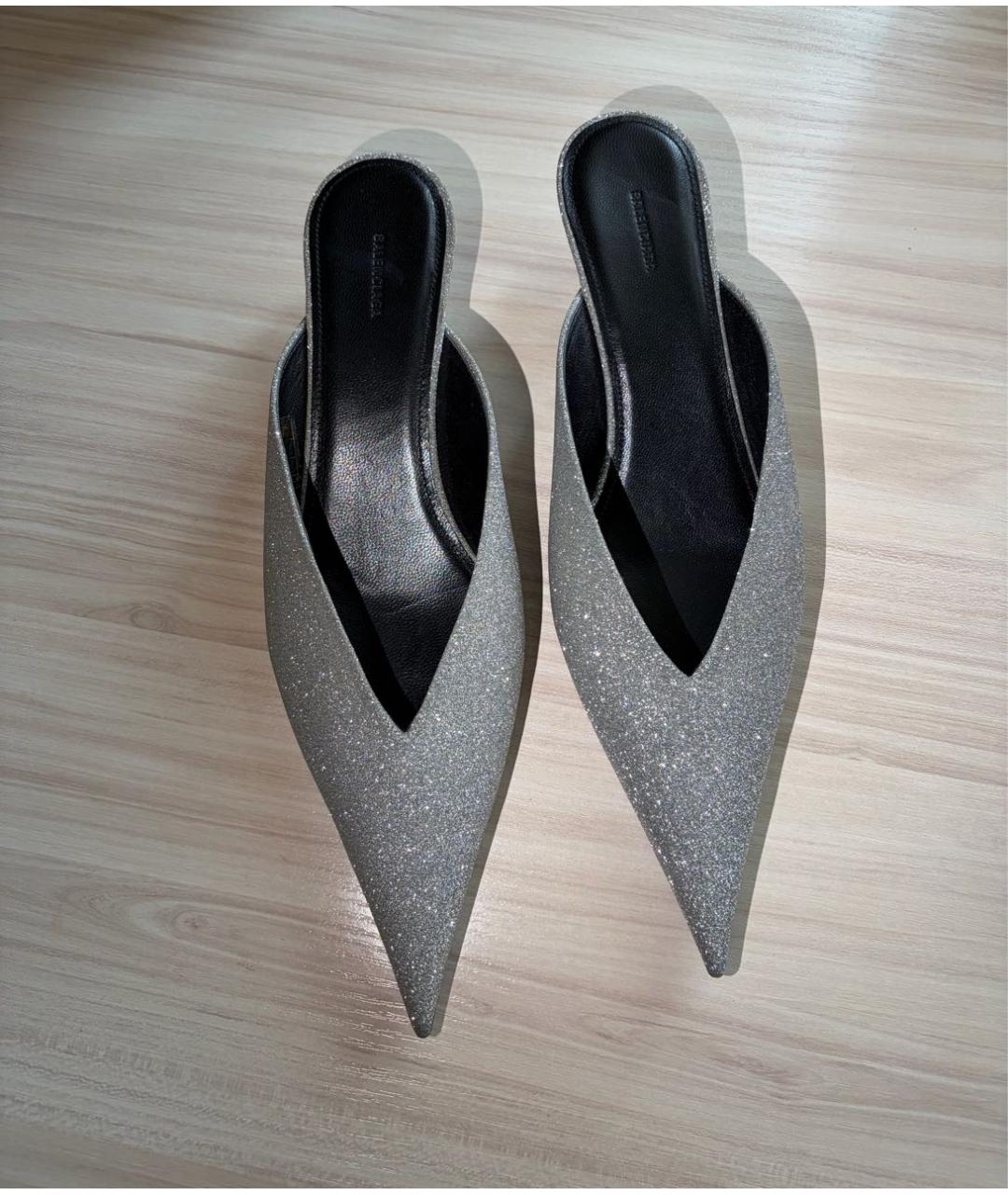 BALENCIAGA Серебряные кожаные мюли, фото 2