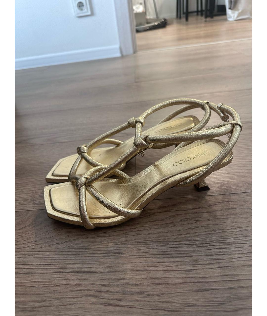 JIMMY CHOO Золотые кожаные босоножки, фото 9