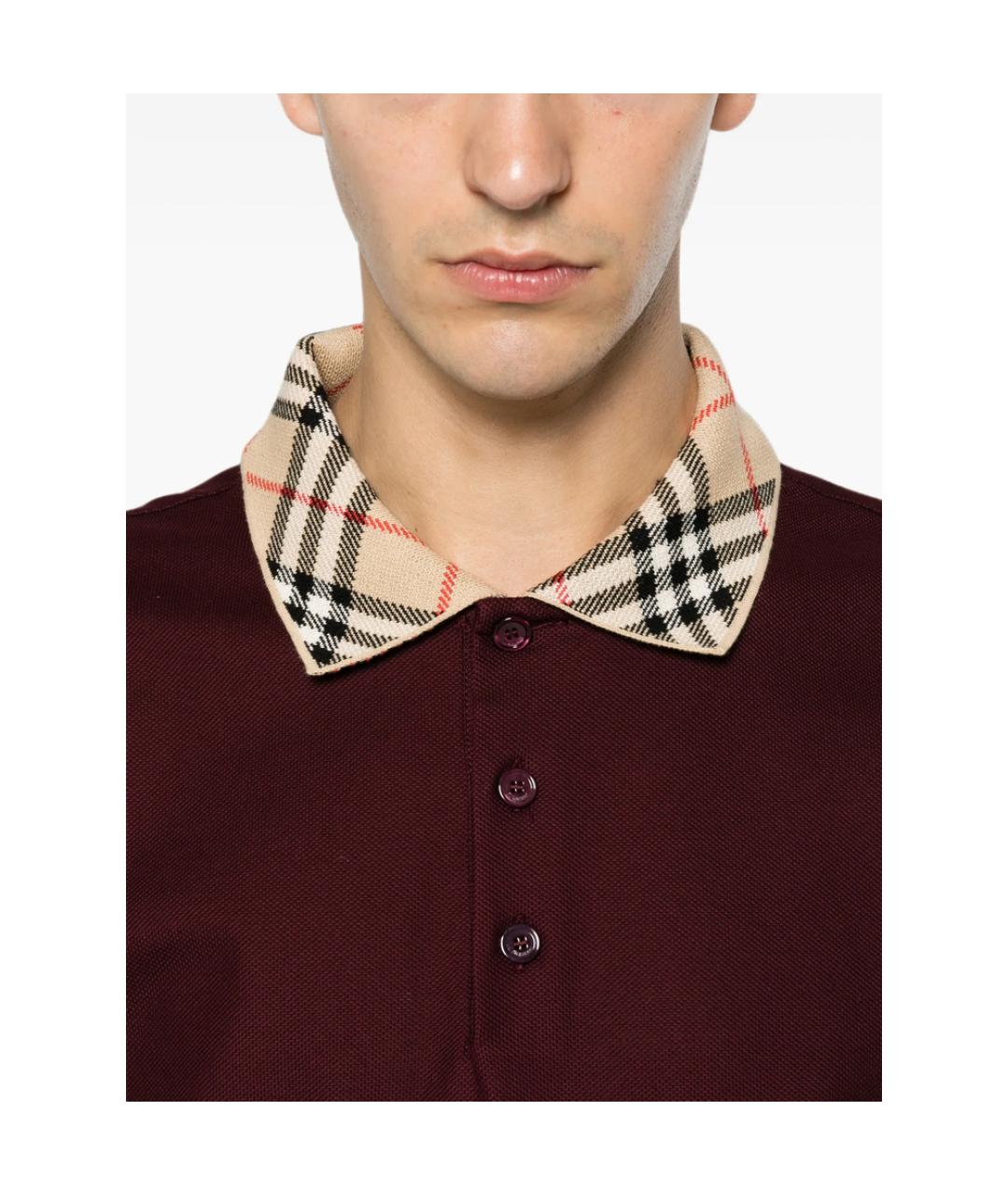 BURBERRY Бордовое хлопковое поло с коротким рукавом, фото 3