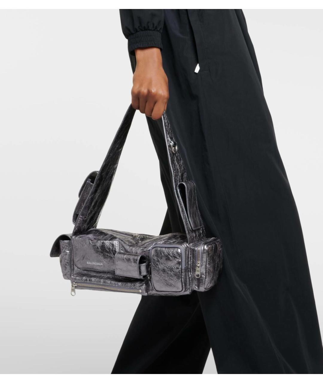 BALENCIAGA Серебряная кожаная сумка с короткими ручками, фото 7