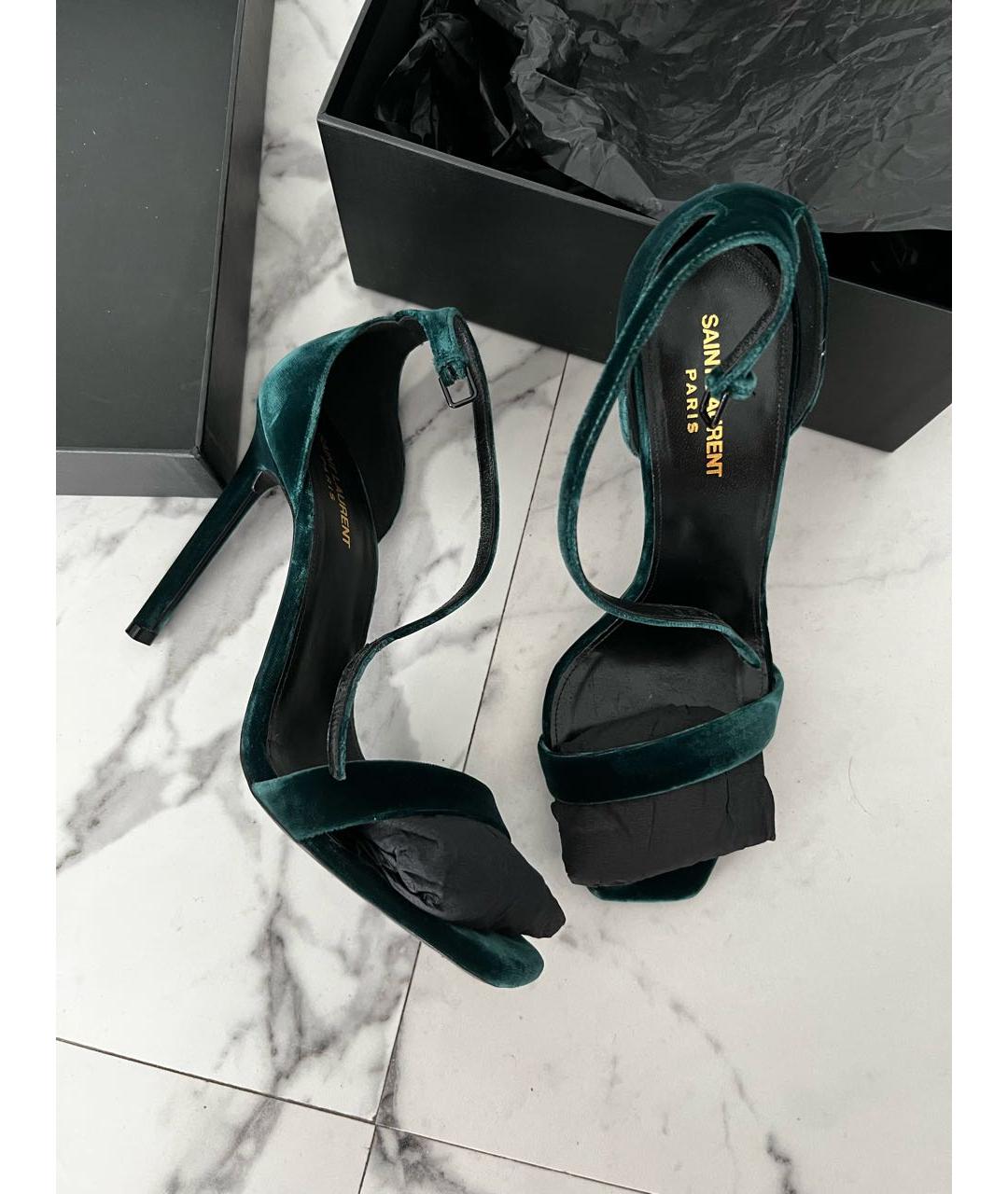 SAINT LAURENT Зеленые бархатные босоножки, фото 3