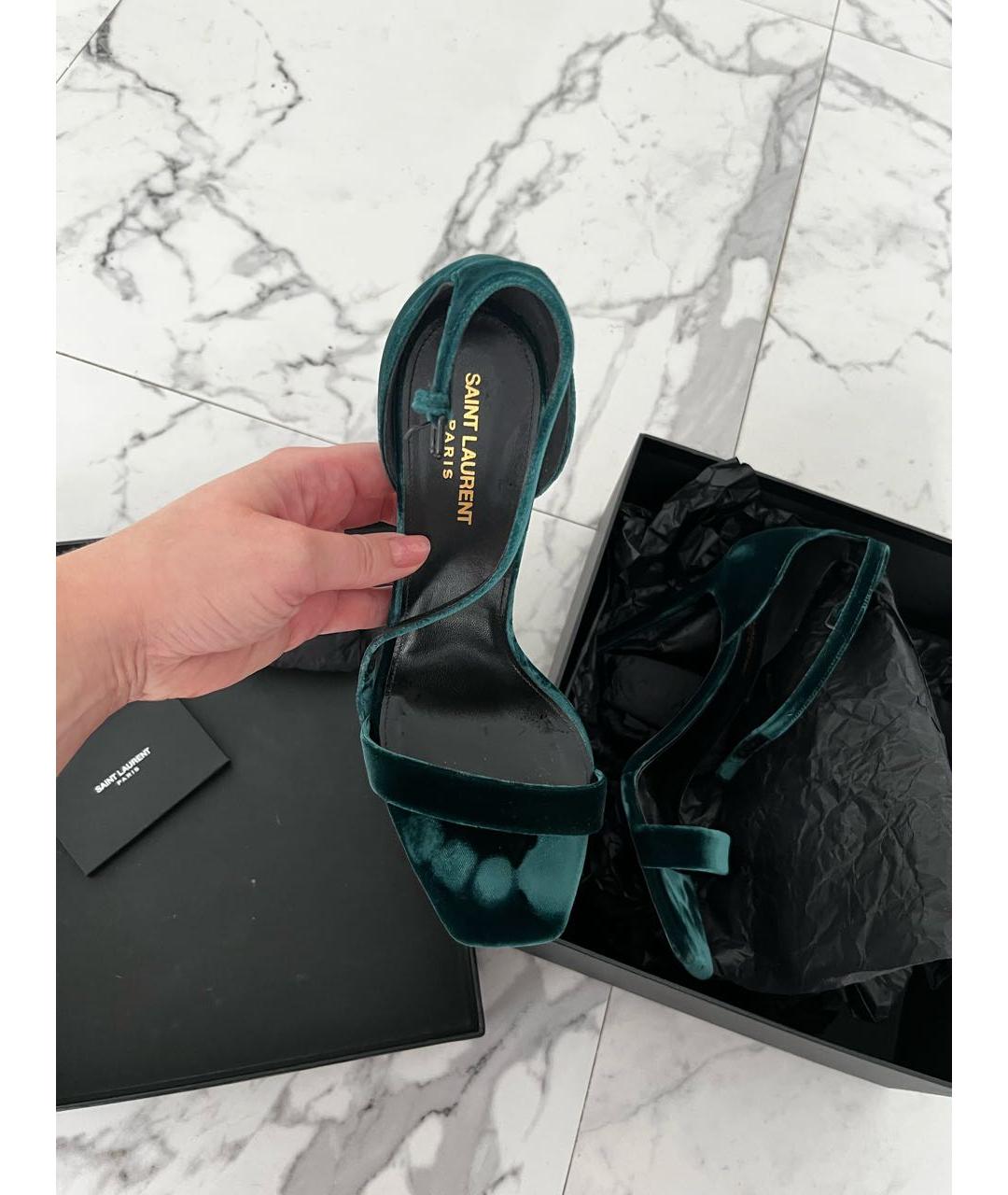 SAINT LAURENT Зеленые бархатные босоножки, фото 5