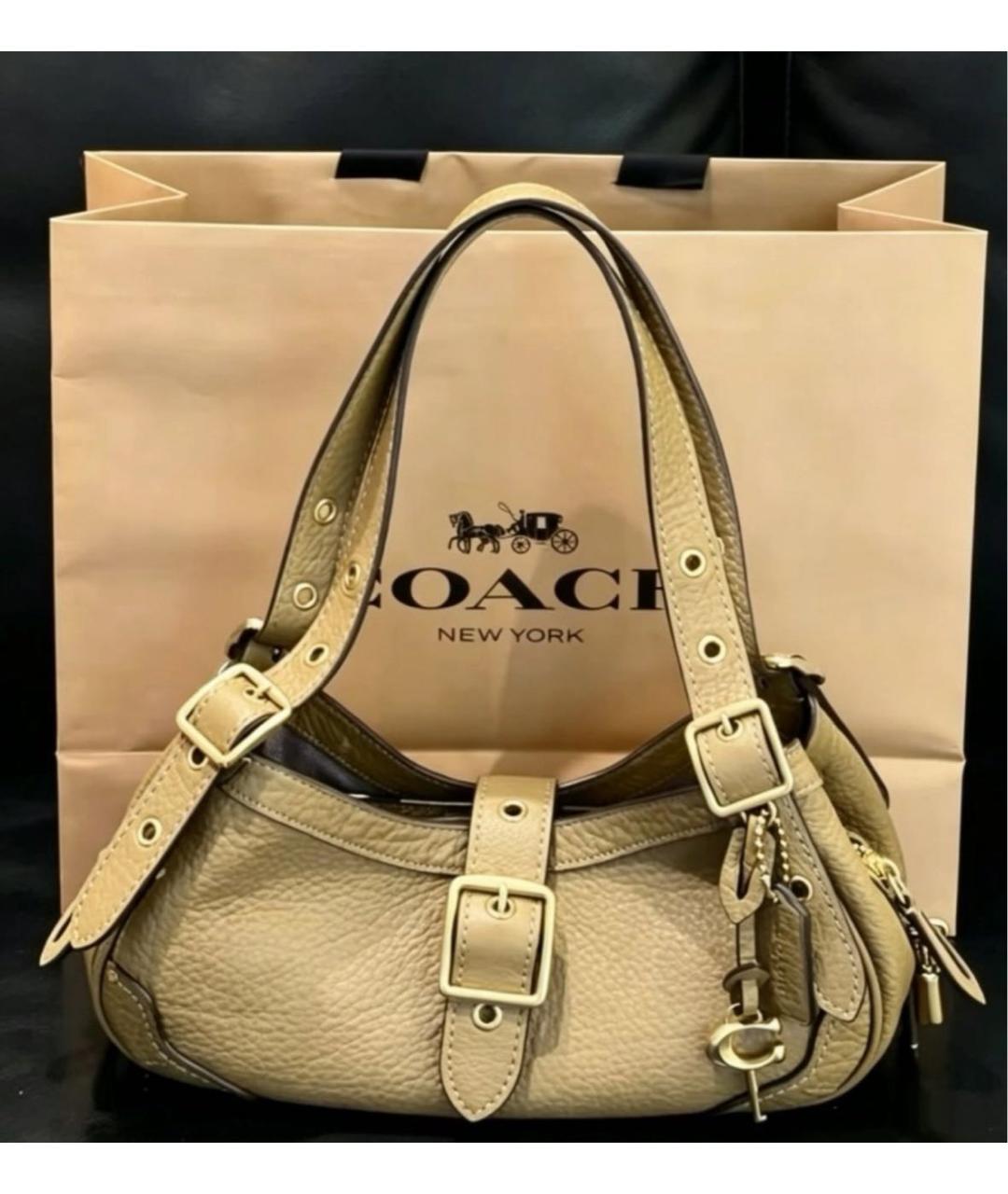 COACH Бежевая кожаная сумка с короткими ручками, фото 6