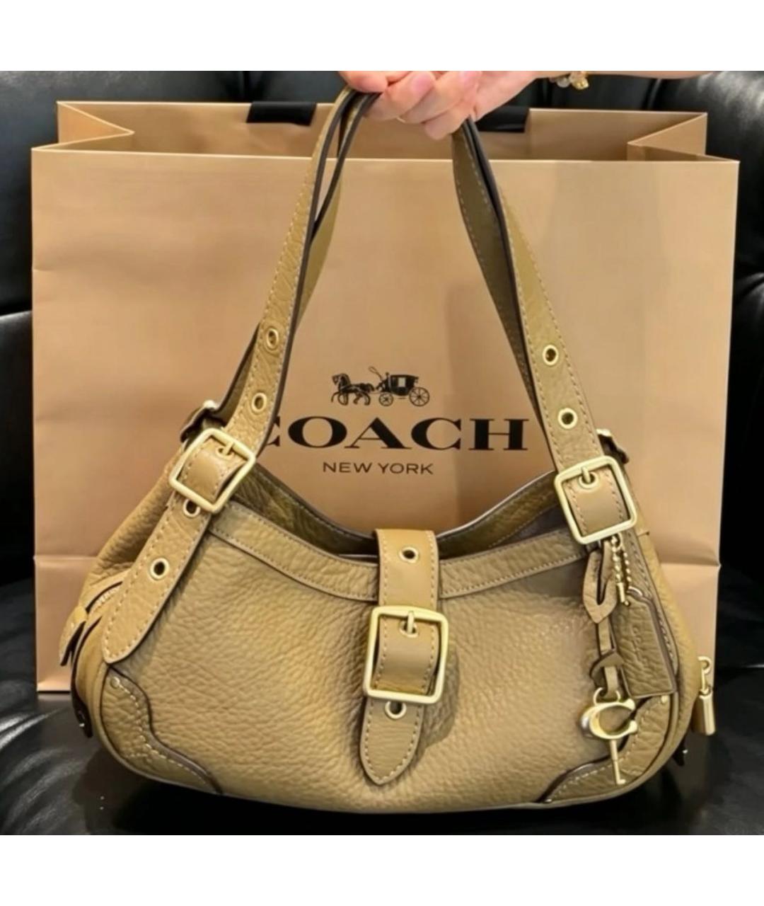 COACH Бежевая кожаная сумка с короткими ручками, фото 8