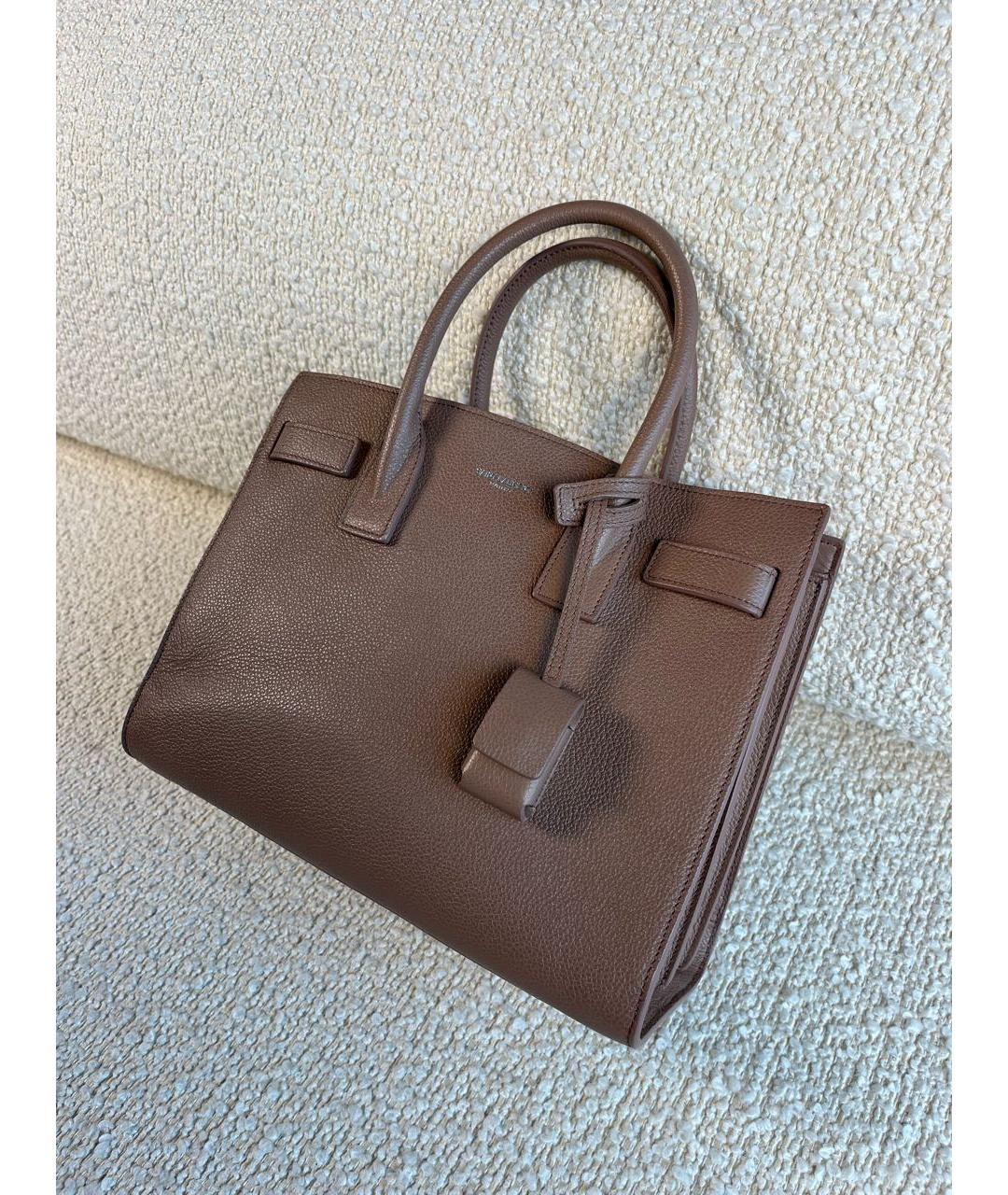SAINT LAURENT Коричневая кожаная сумка с короткими ручками, фото 6
