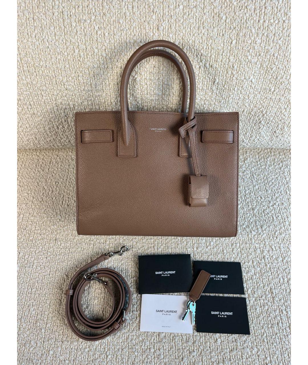 SAINT LAURENT Коричневая кожаная сумка с короткими ручками, фото 5