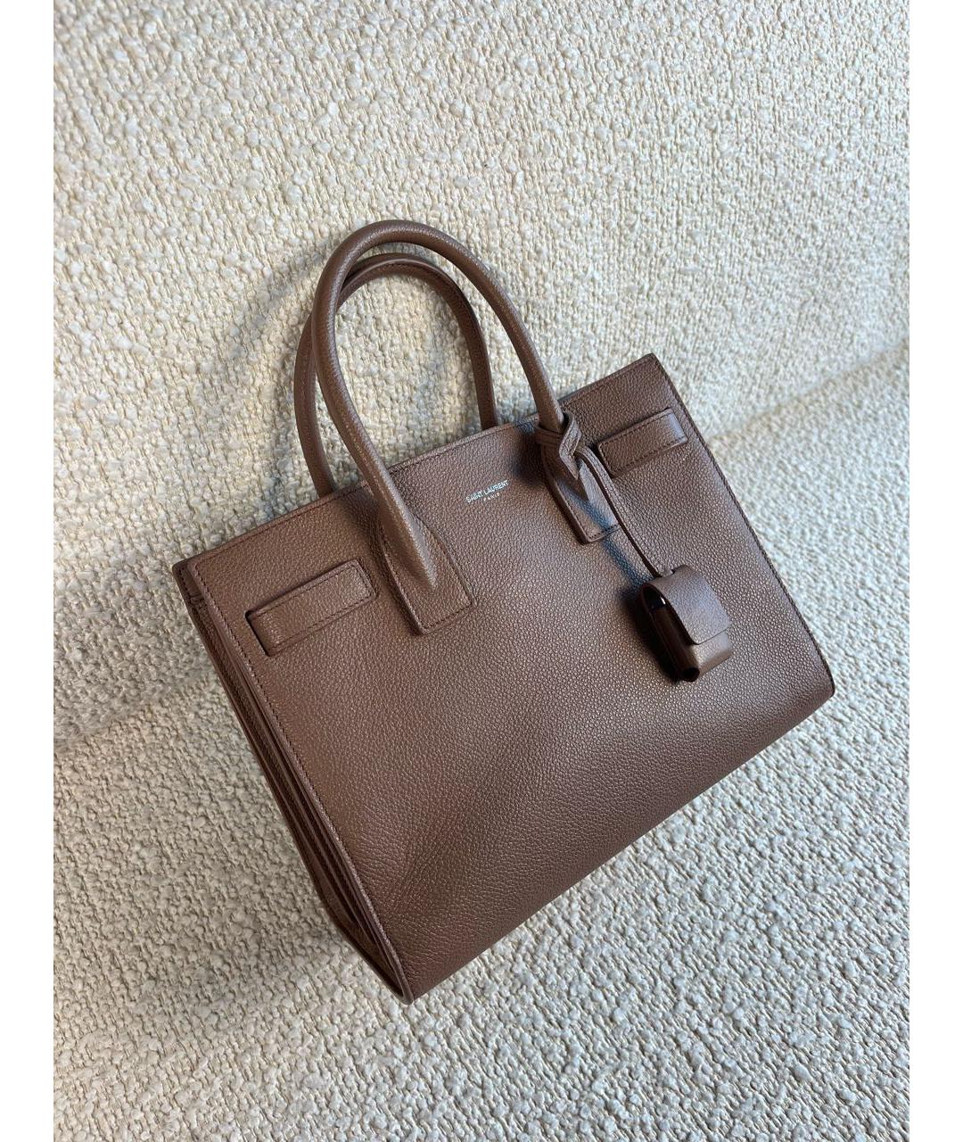 SAINT LAURENT Коричневая кожаная сумка с короткими ручками, фото 2